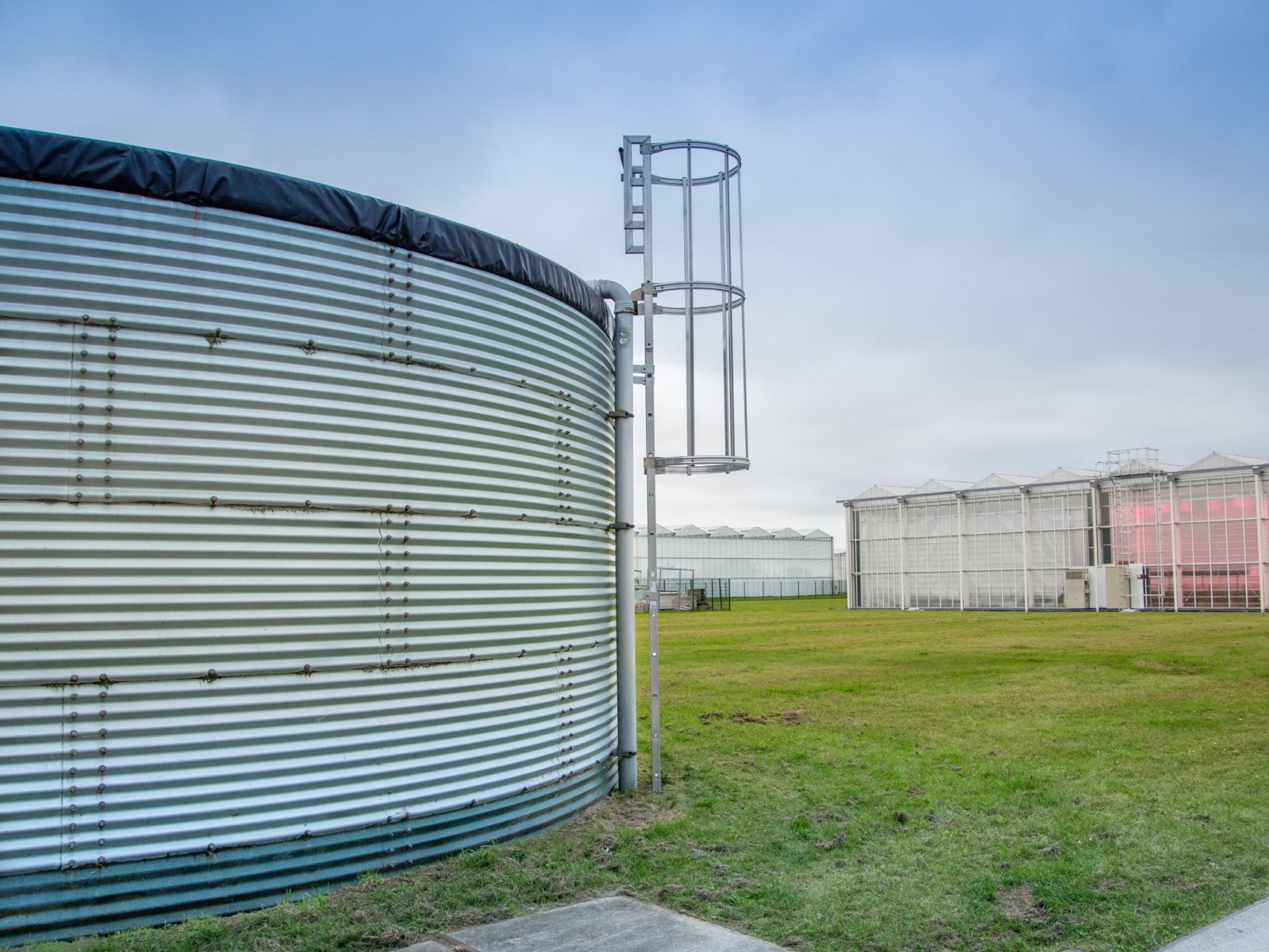 Zij aanzicht siloladder met kooi gemonteerd op een watersilo