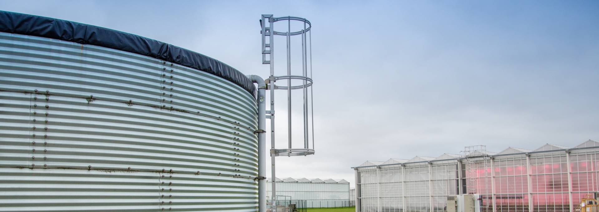 Zij aanzicht siloladder met kooi gemonteerd op een watersilo