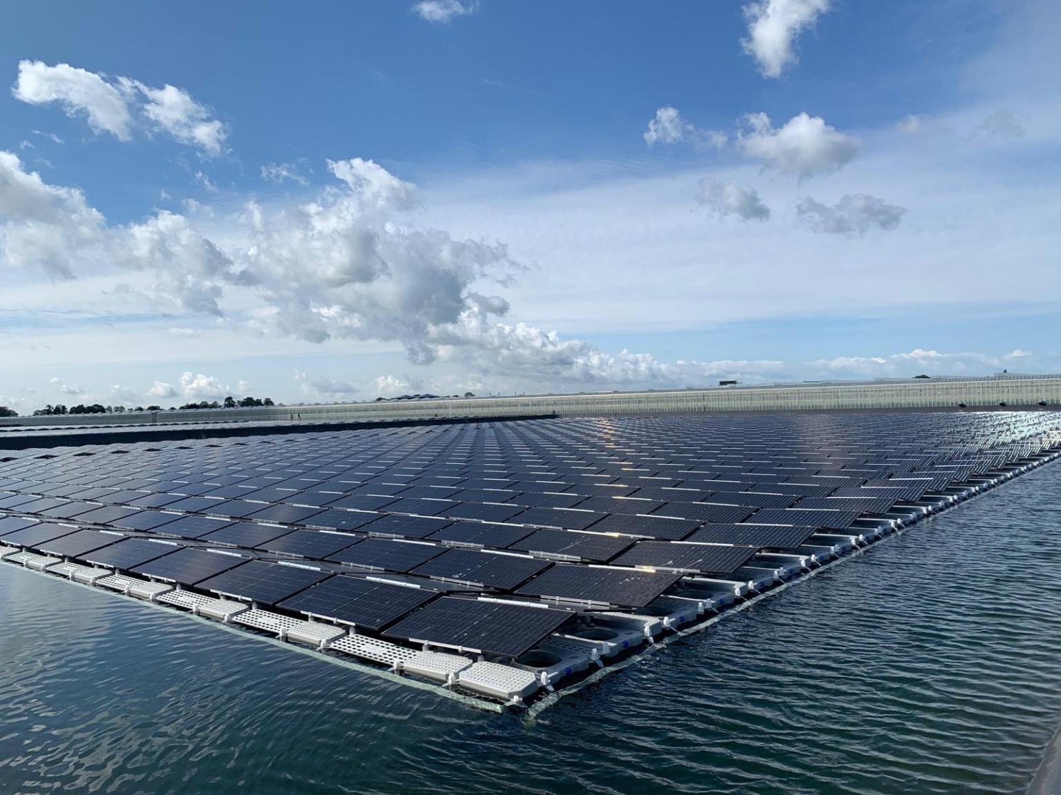 Sun-on-water solar panels installed in a water reservoir