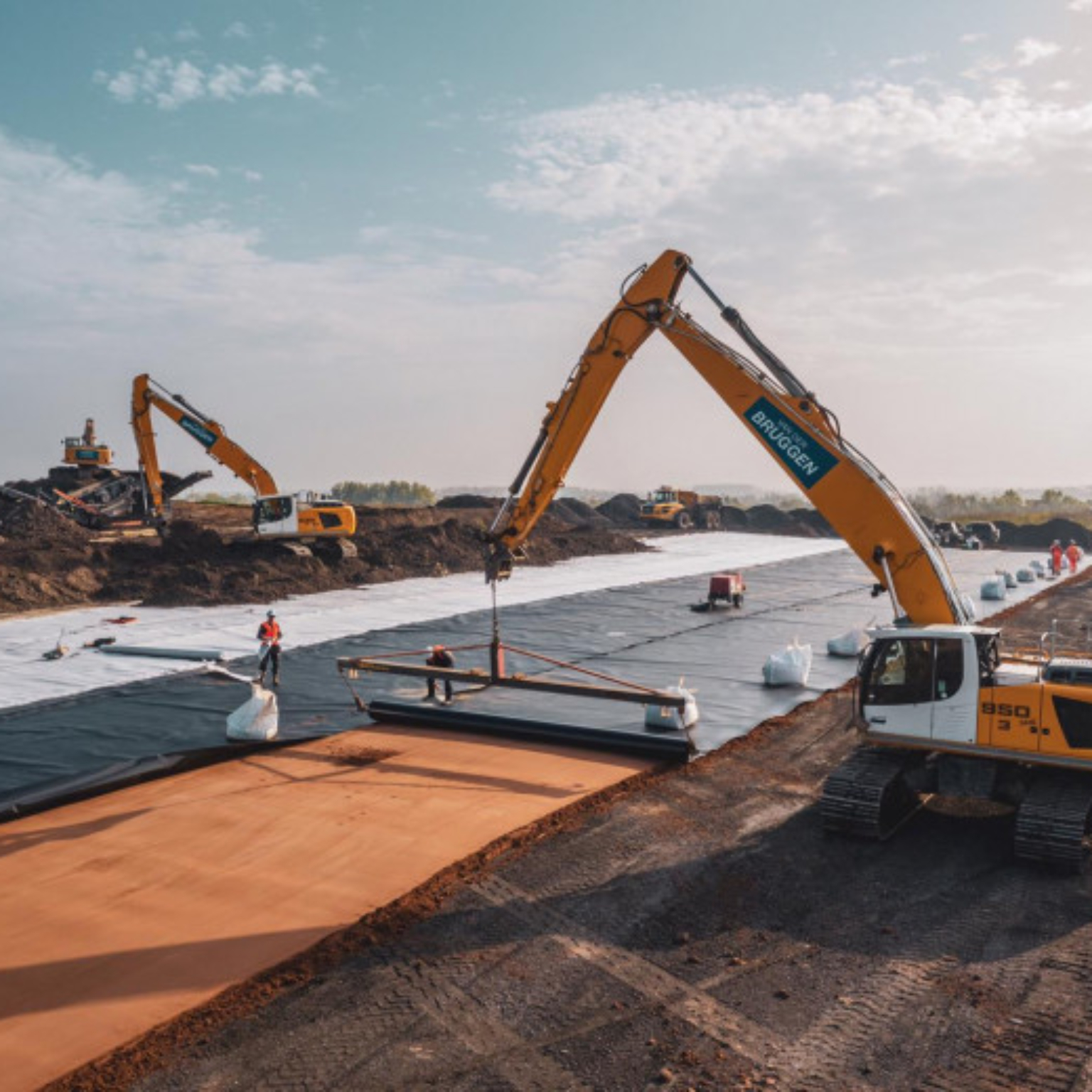 Excavators laying down membranes on waste disposal site