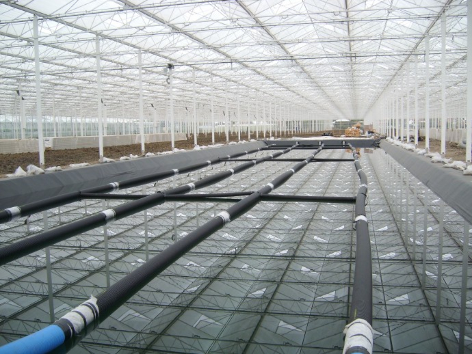 Filled water reservoir in greenhouse