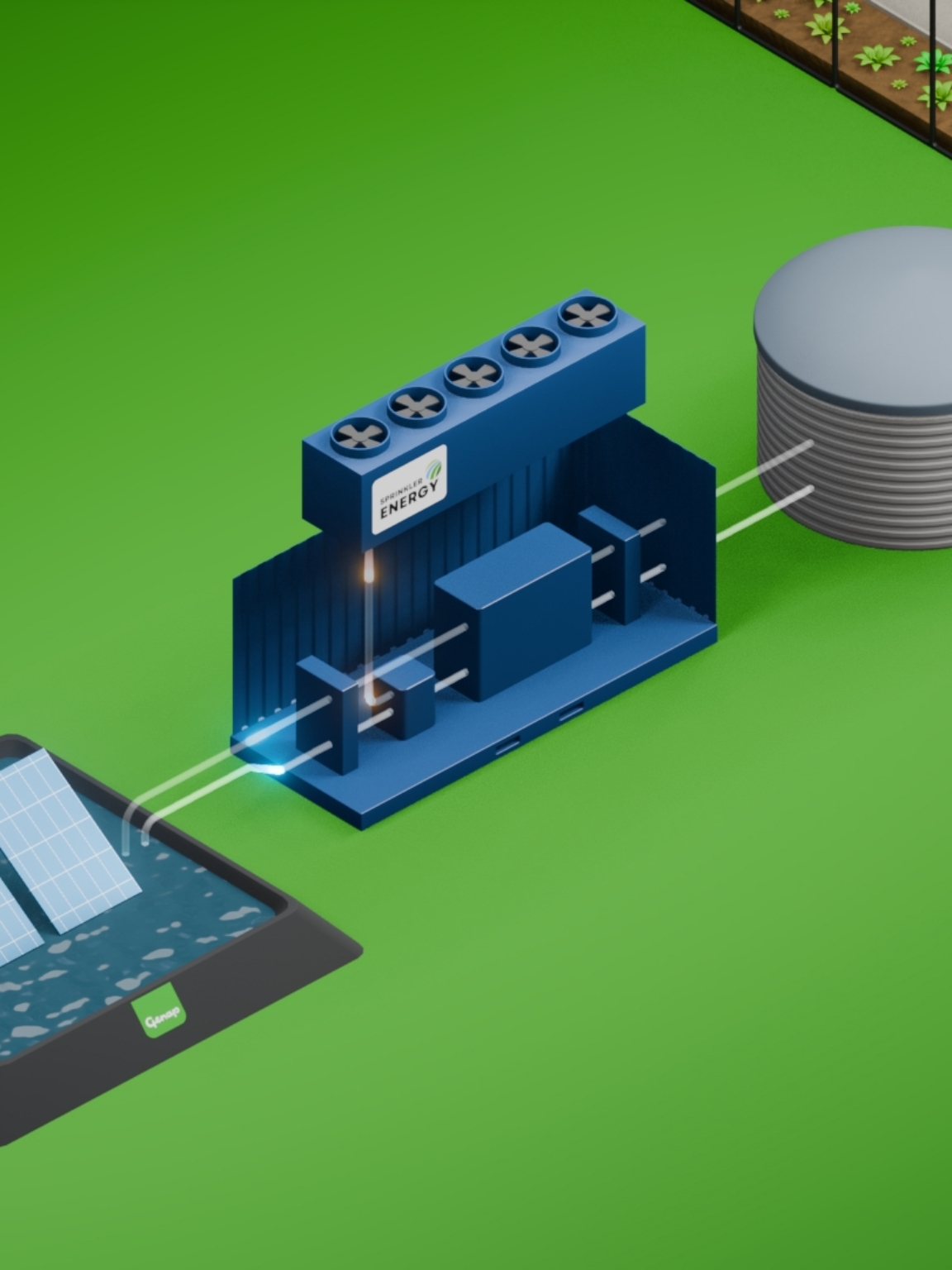 Schematische weergave van geïntegreerd energiesysteem met waterbassin, warmtepompen, warmtebuffer en kasverwarming.